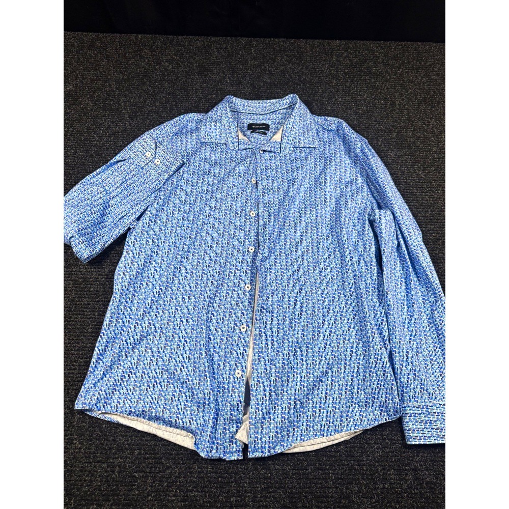 BUGATCHI Mens 3XL 8 Way Stretch Shirt Blue Geometric Long Sleeve Button Up